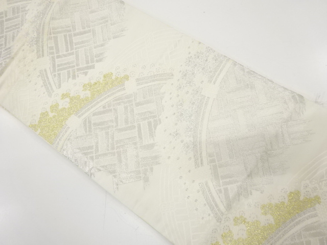 JAPANESE KIMONO / ANTIQUE FUKURO OBI / WOVEN KIKU & UME WITH FENCE